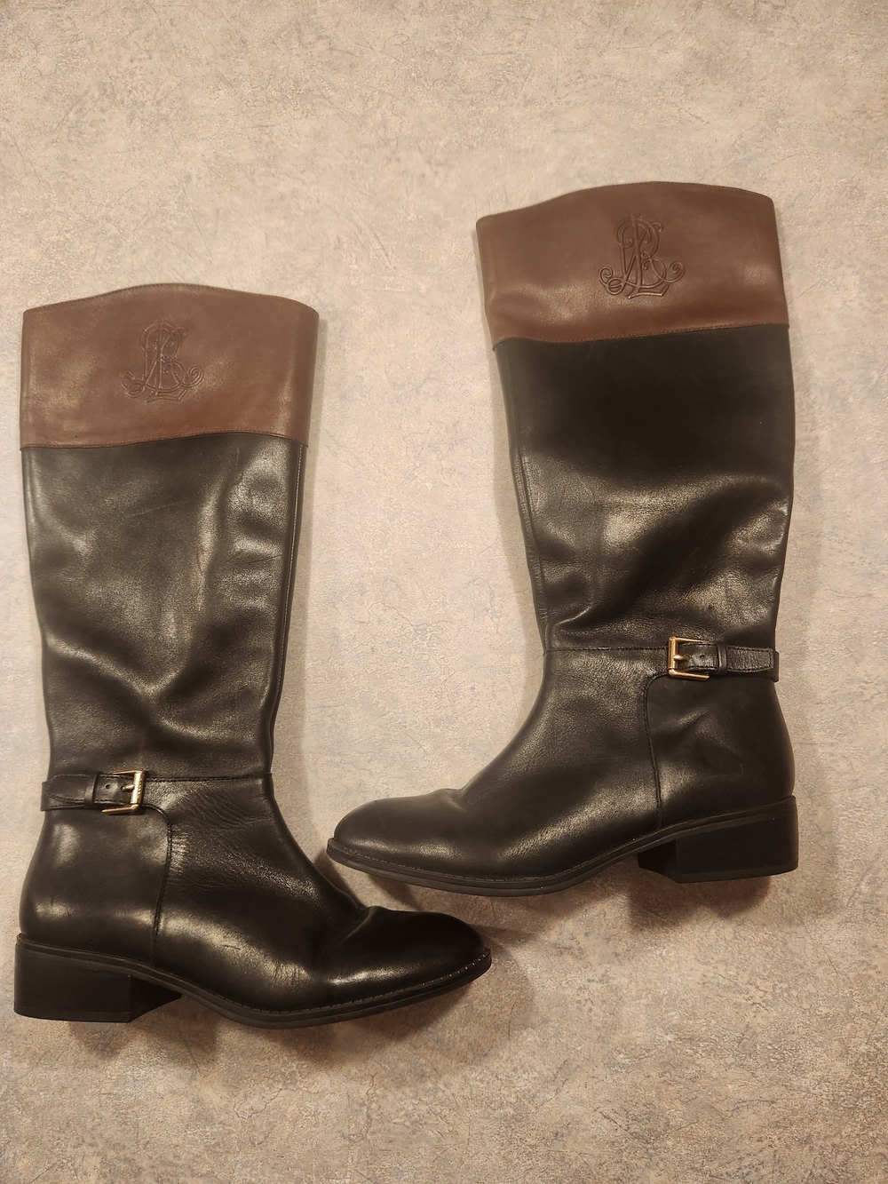 Lauren Ralph Lauren Two-Tone Riding Boots in Black and Brown